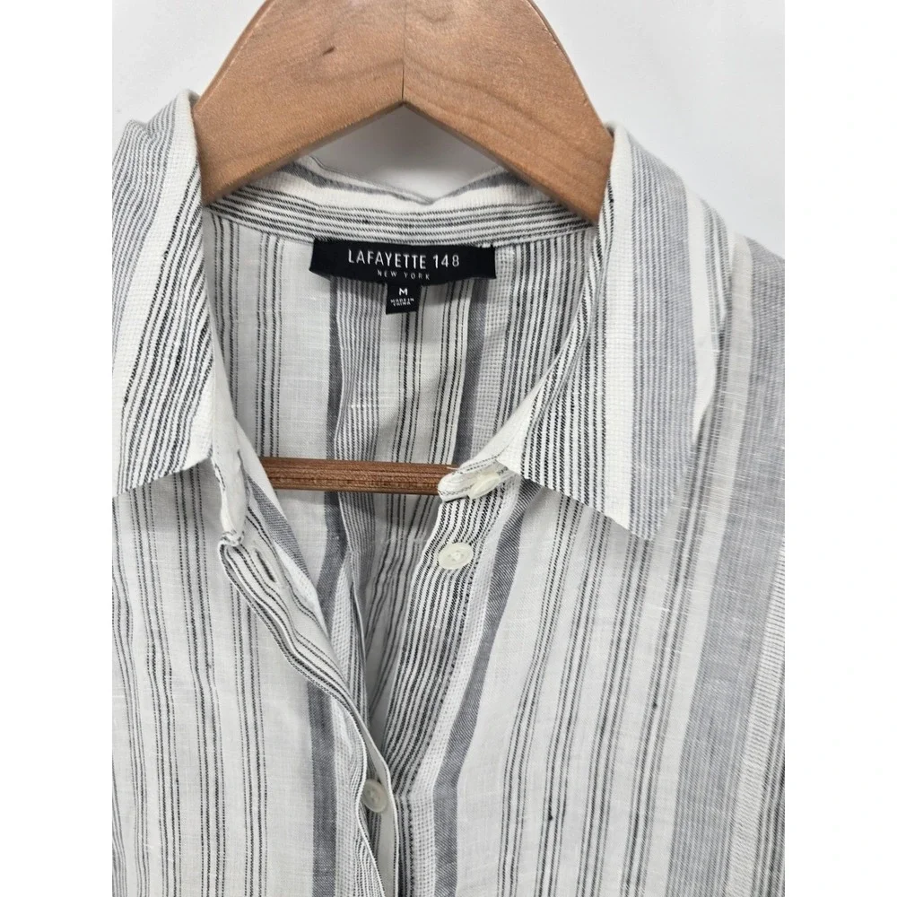 Lafayette 148 Button Down Shirt Womens Medium White Striped Linen Long Sleeve - Picture 2 of 4